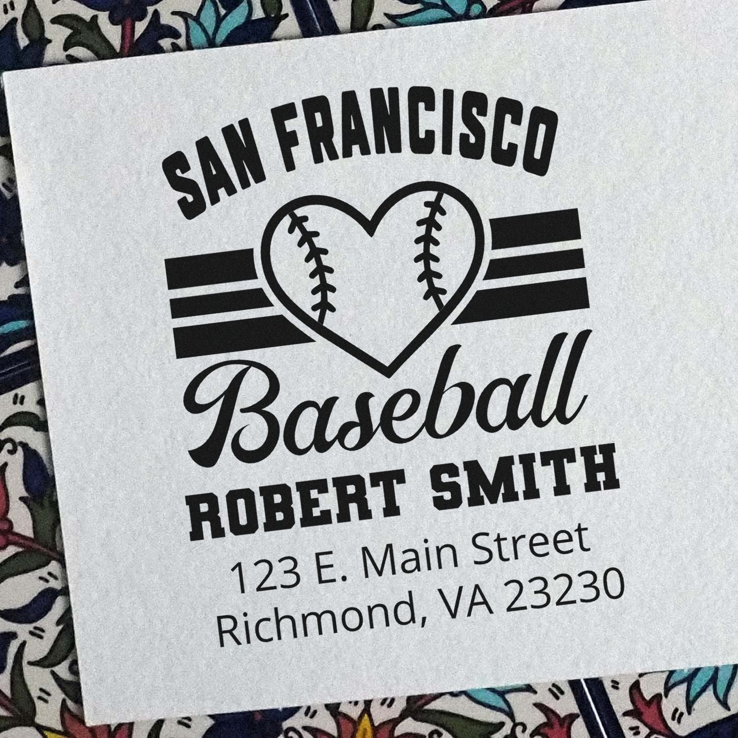 Custom baseball return address rubber stamp with San Francisco design, Robert Smith name, and Richmond, VA address.