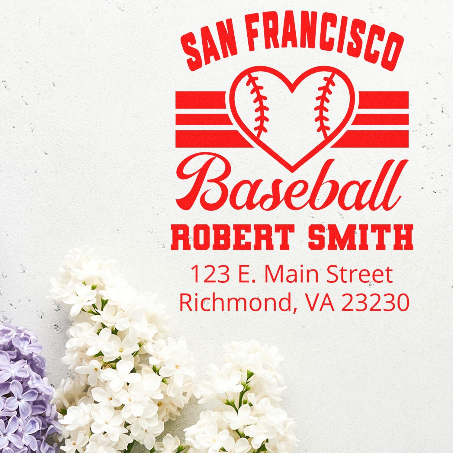 Custom San Francisco baseball rubber stamp design with heart baseball, Robert Smith name, and Richmond, VA address.
