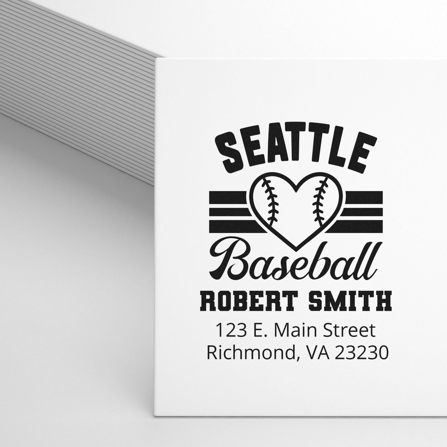 Personalized Seattle baseball return address rubber stamp with heart baseball design, Robert Smith, Richmond, VA.