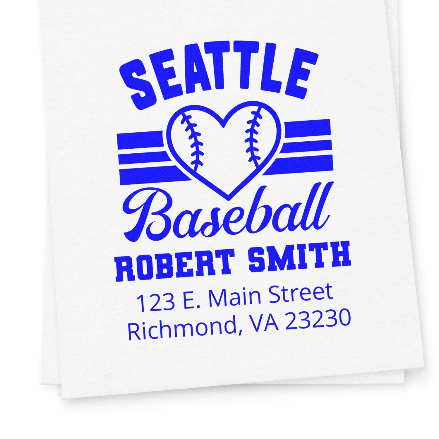 Personalized Seattle Baseball rubber stamp with heart logo, Robert Smith name, and Richmond, VA address.