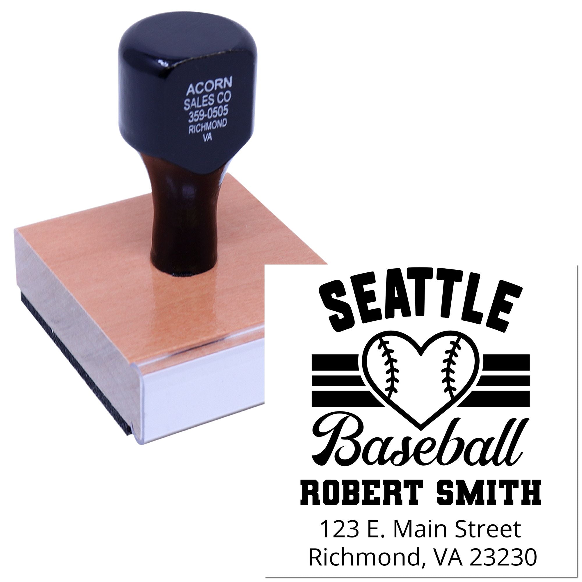 Custom baseball return address rubber stamp with heart baseball design, Robert Smith, Richmond, VA.