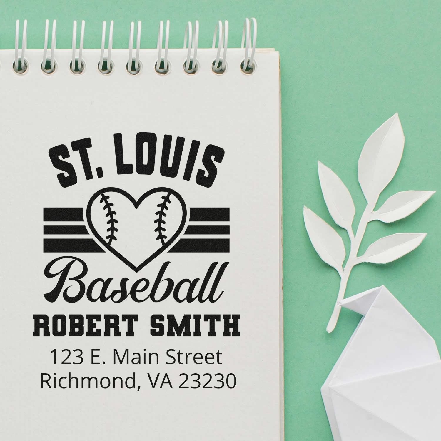 Custom St. Louis baseball address rubber stamp with name and Richmond, VA mailing details on a notebook page.