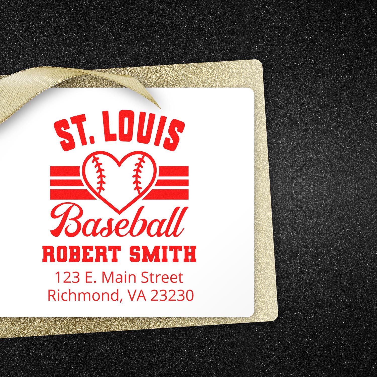 Personalized St. Louis baseball rubber stamp with heart logo, Robert Smith name, and address for custom return mail.