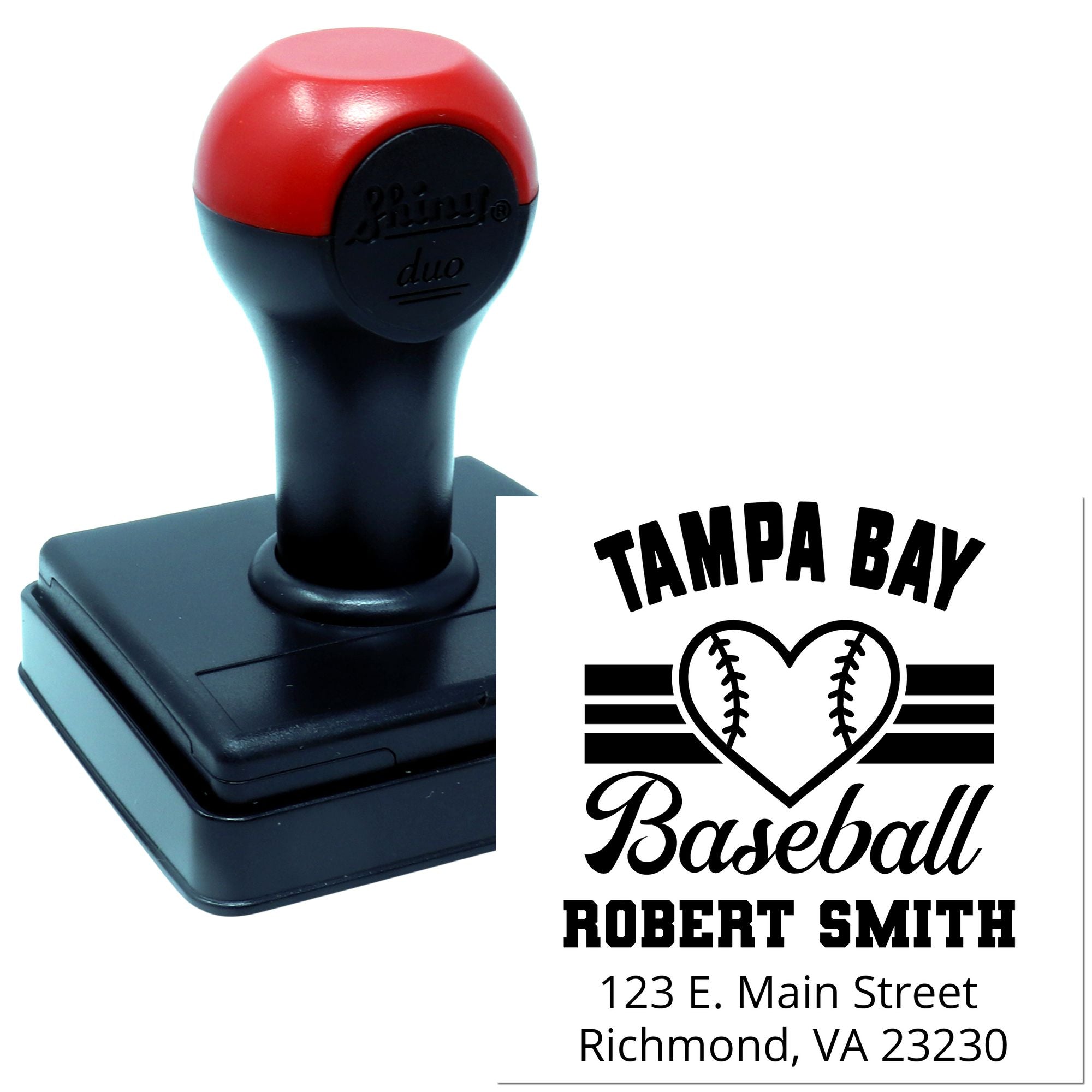 Custom self-inking rubber stamp for Tampa Bay Baseball, featuring name and address for personalized business or fan use.