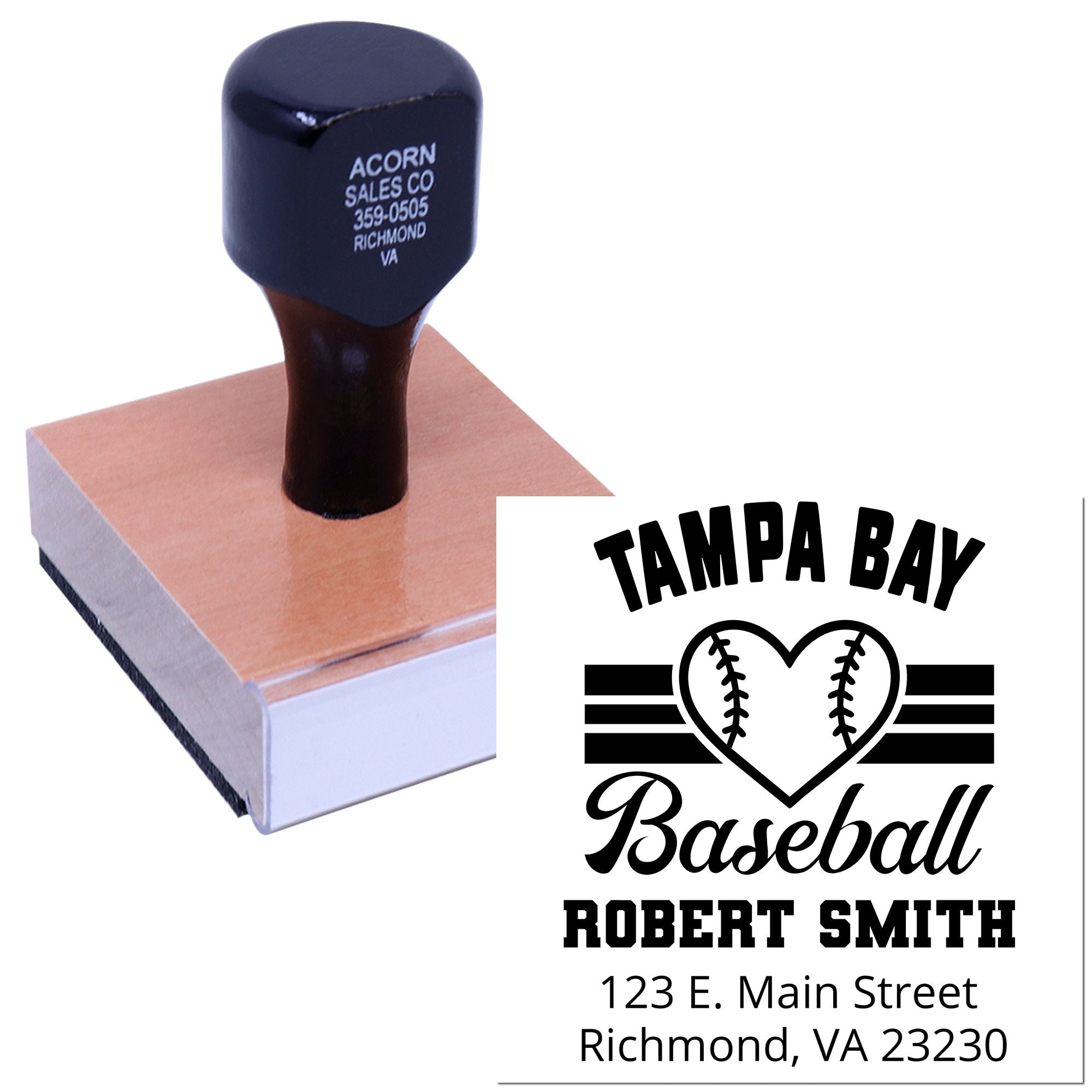 Custom baseball rubber stamp with personalized name and address, ideal for sports-themed business mailings.
