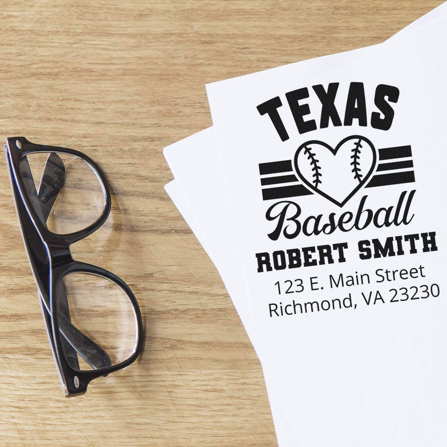 Custom Texas baseball address rubber stamp proof with personalized name and Richmond, VA mailing address.