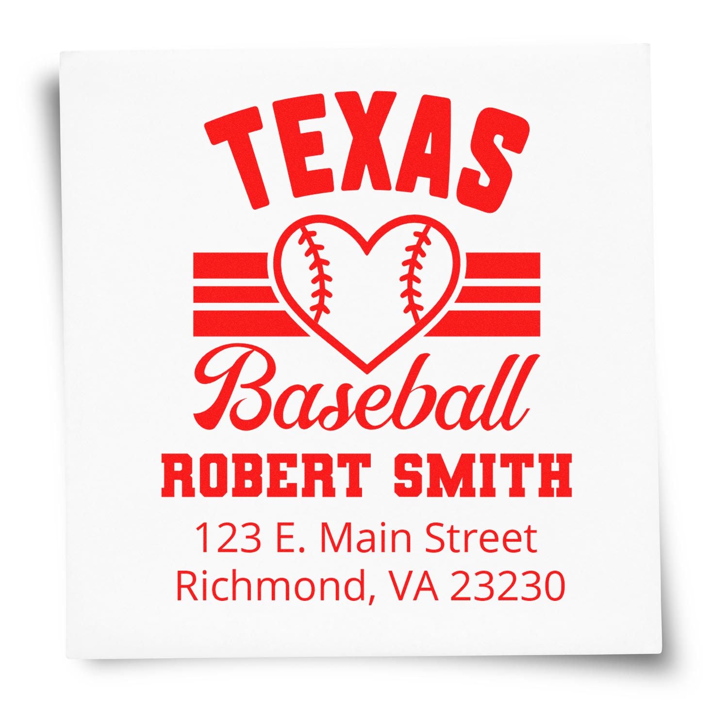 Custom Texas baseball rubber stamp with Robert Smith, 123 E. Main Street, Richmond, VA 23230.