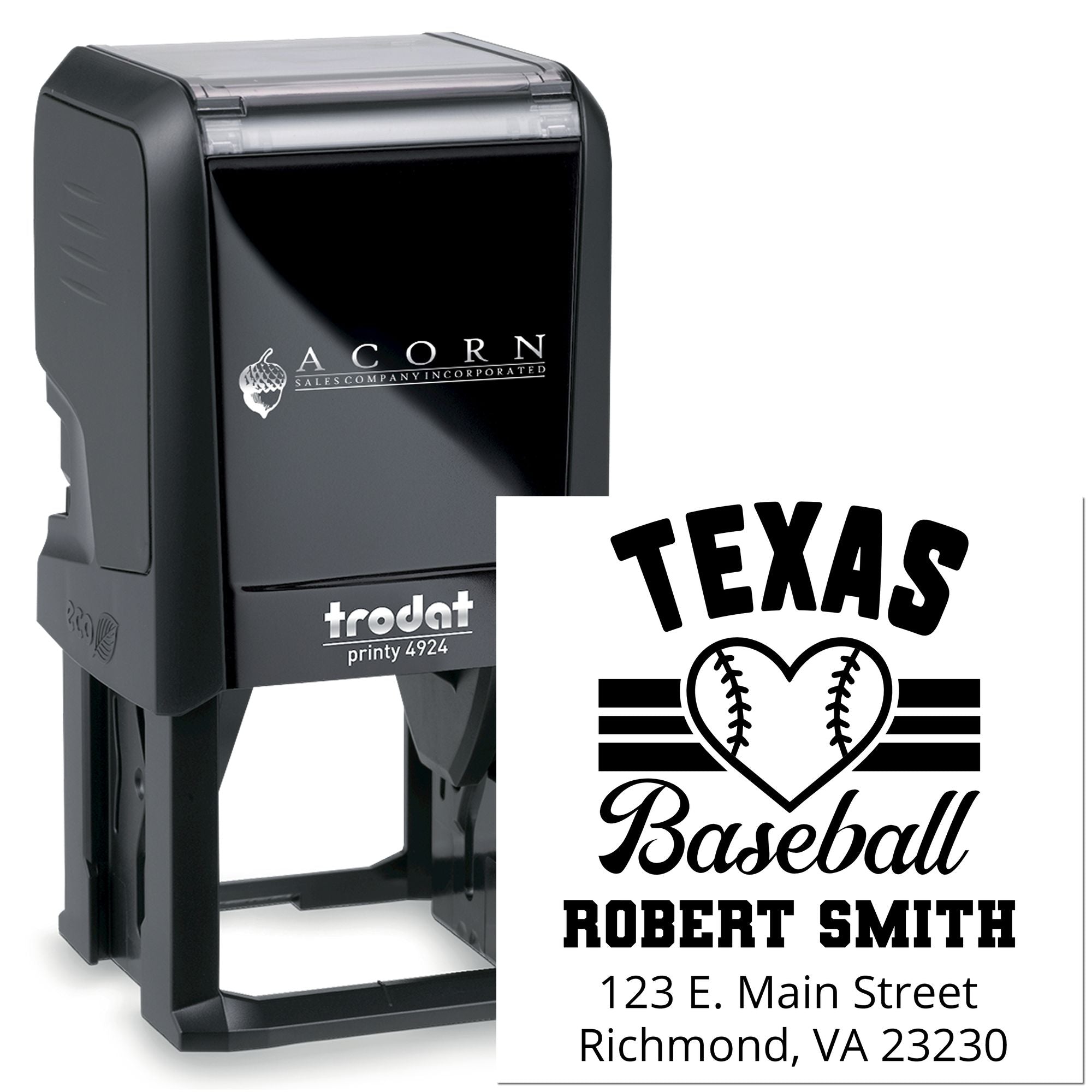 Trodat Printy 4924 self-inking custom rubber stamp with Texas baseball name and address for personalized mailing.