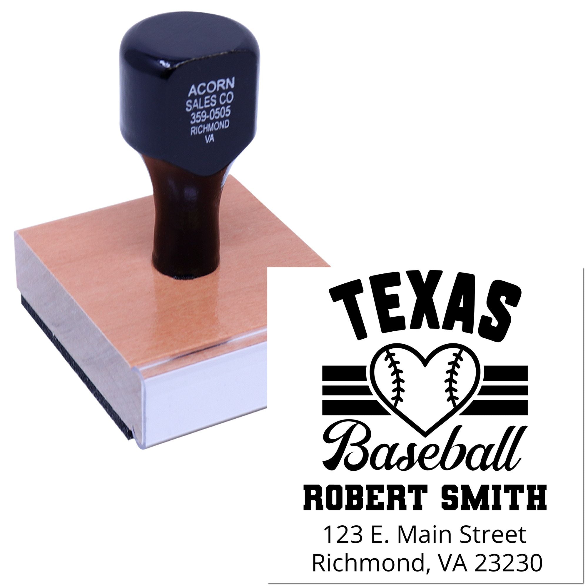 Custom rubber stamp for baseball fans with Texas heart design, name, and address for personalized return mail.