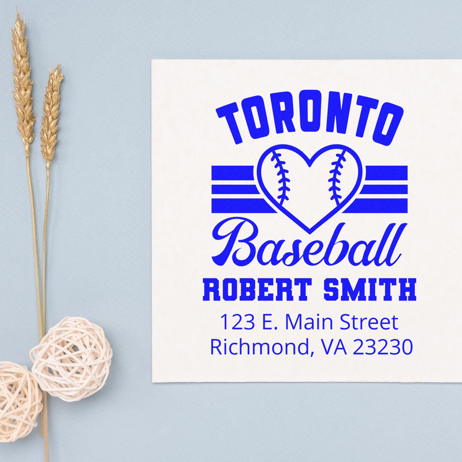Custom Toronto baseball rubber stamp with heart logo, Robert Smith name, and Richmond, VA address.