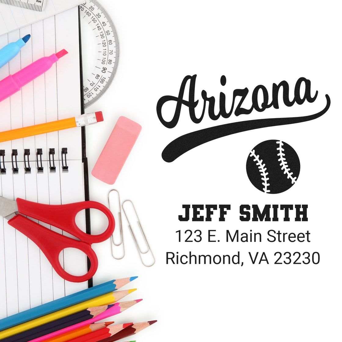 Custom Arizona baseball return address rubber stamp with Jeff Smith, Richmond, VA 23230.