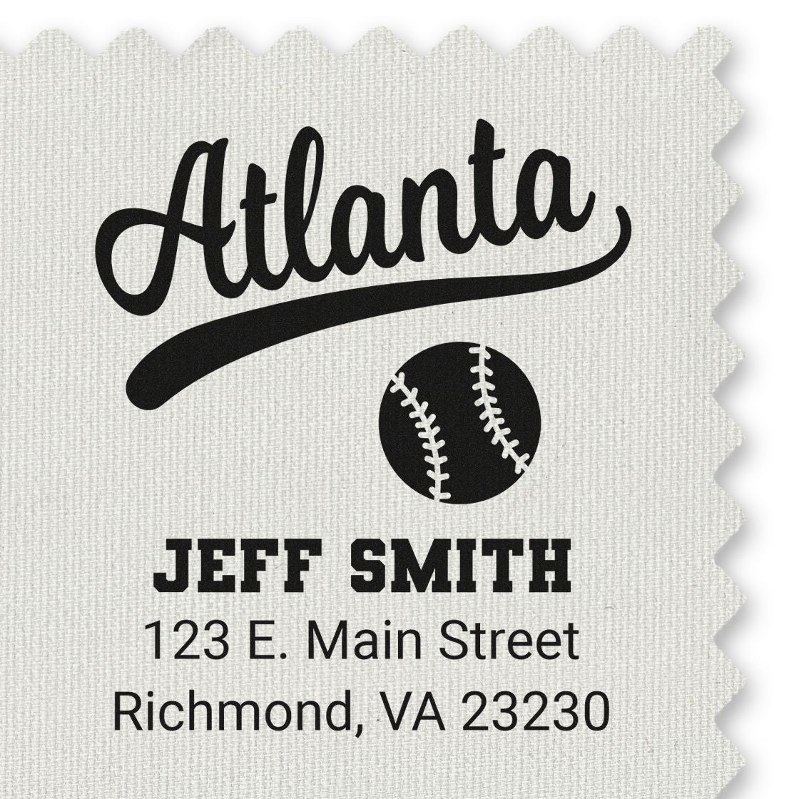 Custom Atlanta baseball return address rubber stamp for Jeff Smith, featuring name and Richmond, VA address.