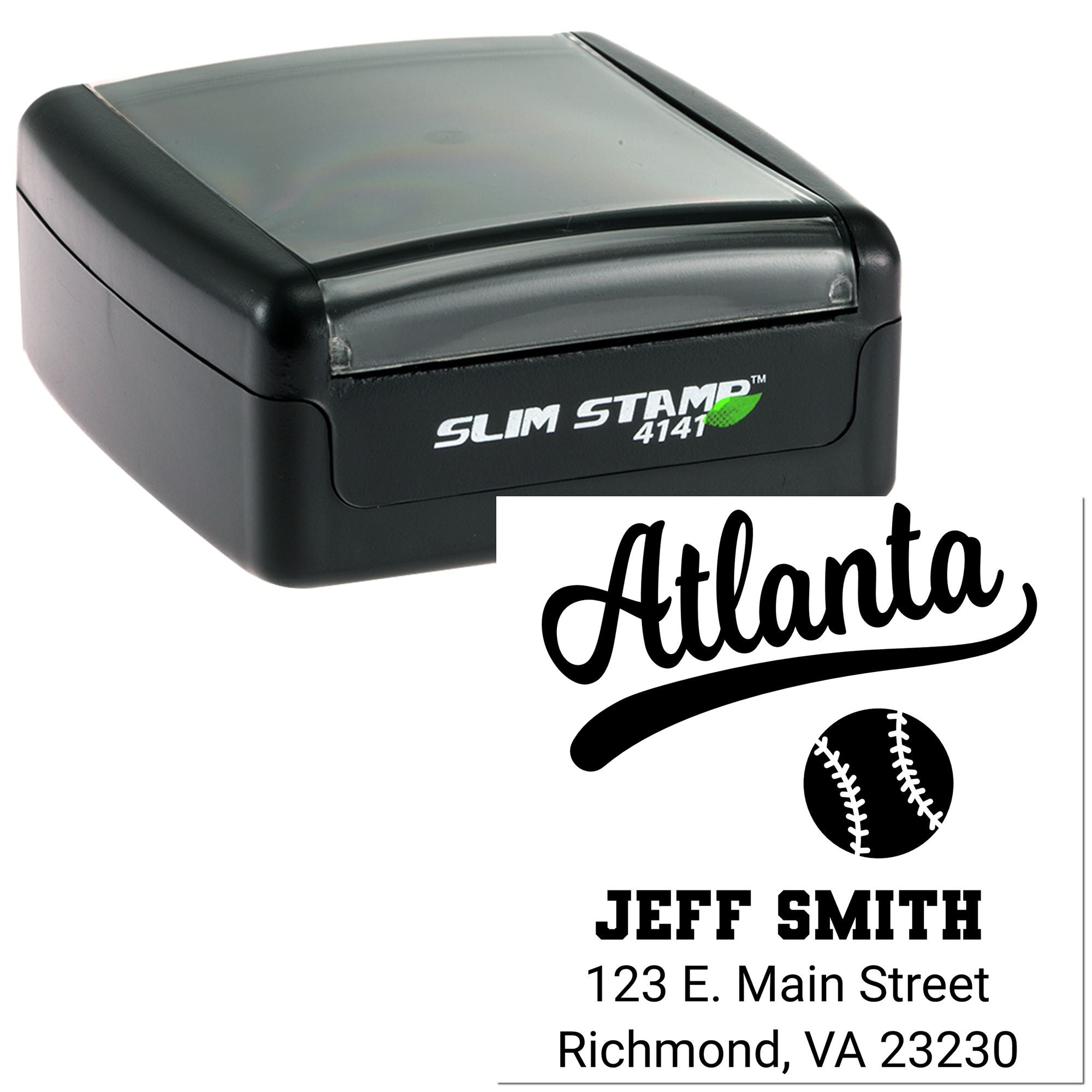 Self-inking custom baseball return address rubber stamp with Atlanta design for Jeff Smith, Richmond VA address.