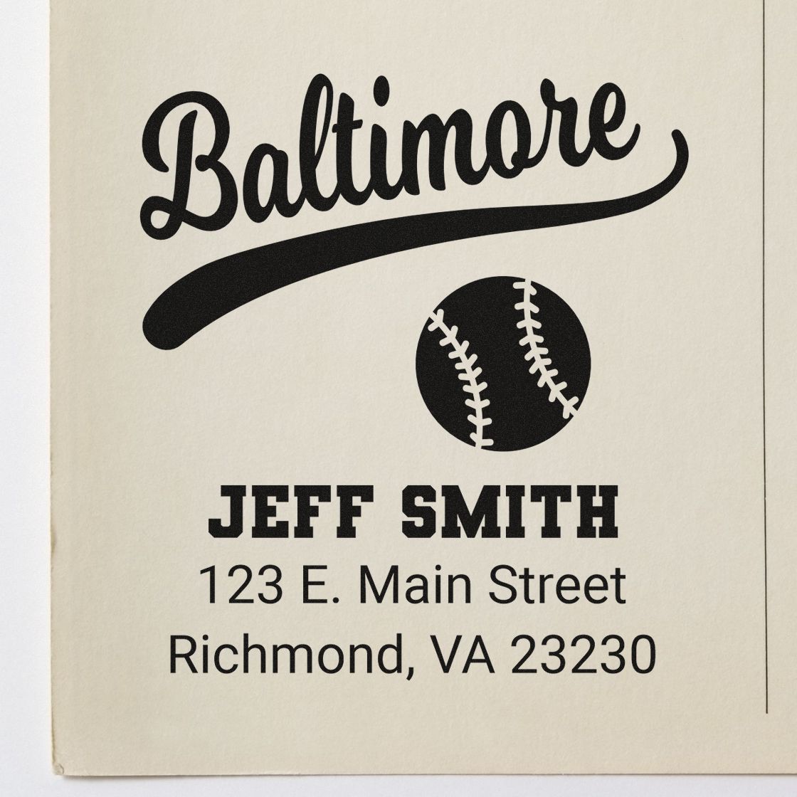 Custom Baltimore baseball address rubber stamp for Jeff Smith, featuring name, street address, and city.