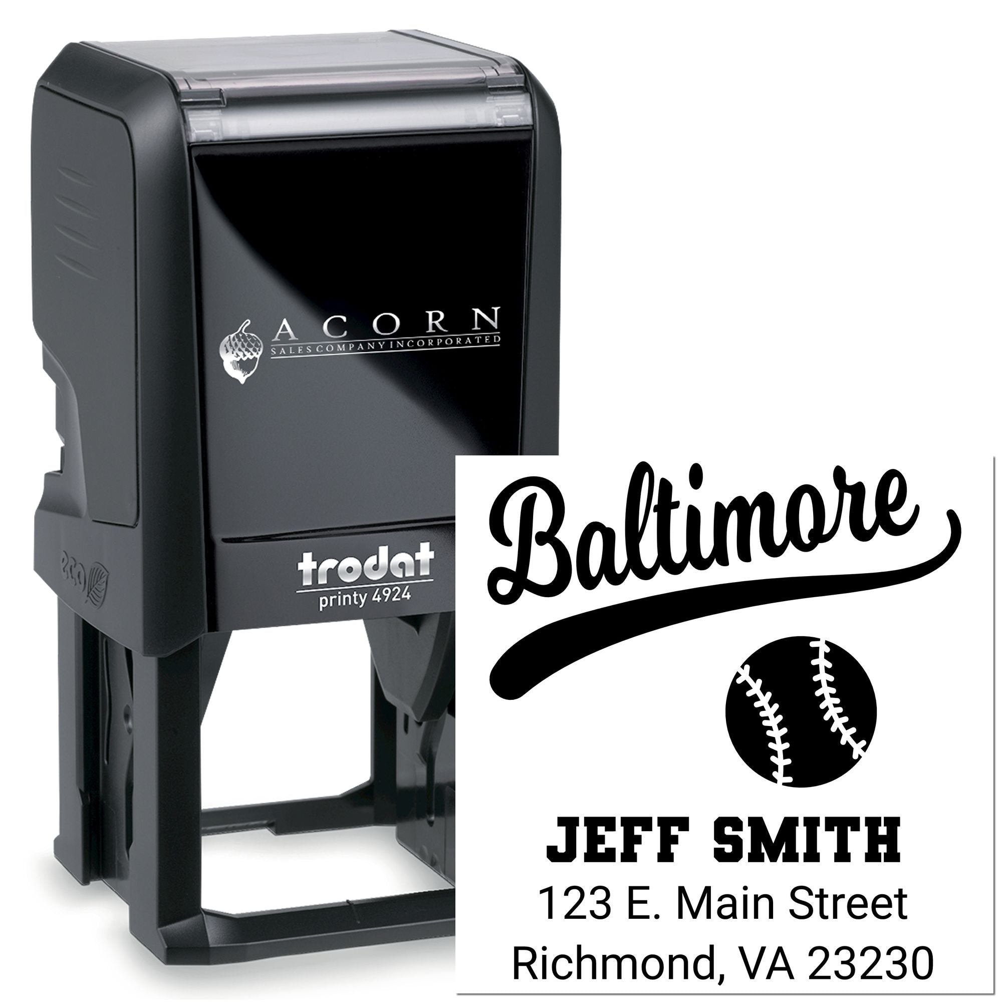 Custom self-inking rubber stamp with Baltimore baseball return address, Trodat Printy 4924, for mailing and branding