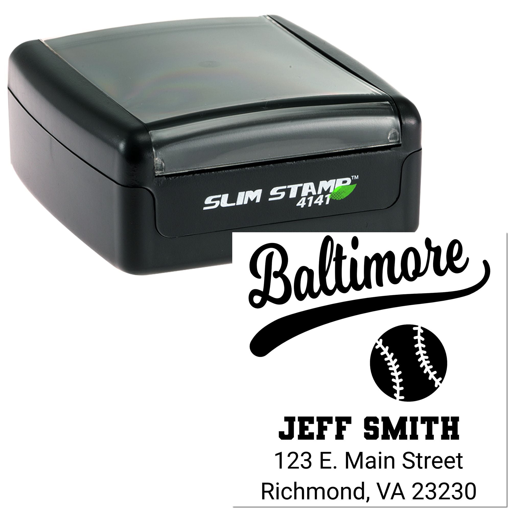 Custom self-inking rubber stamp with Baltimore baseball return address design for Jeff Smith, featuring name, address, and team icon.