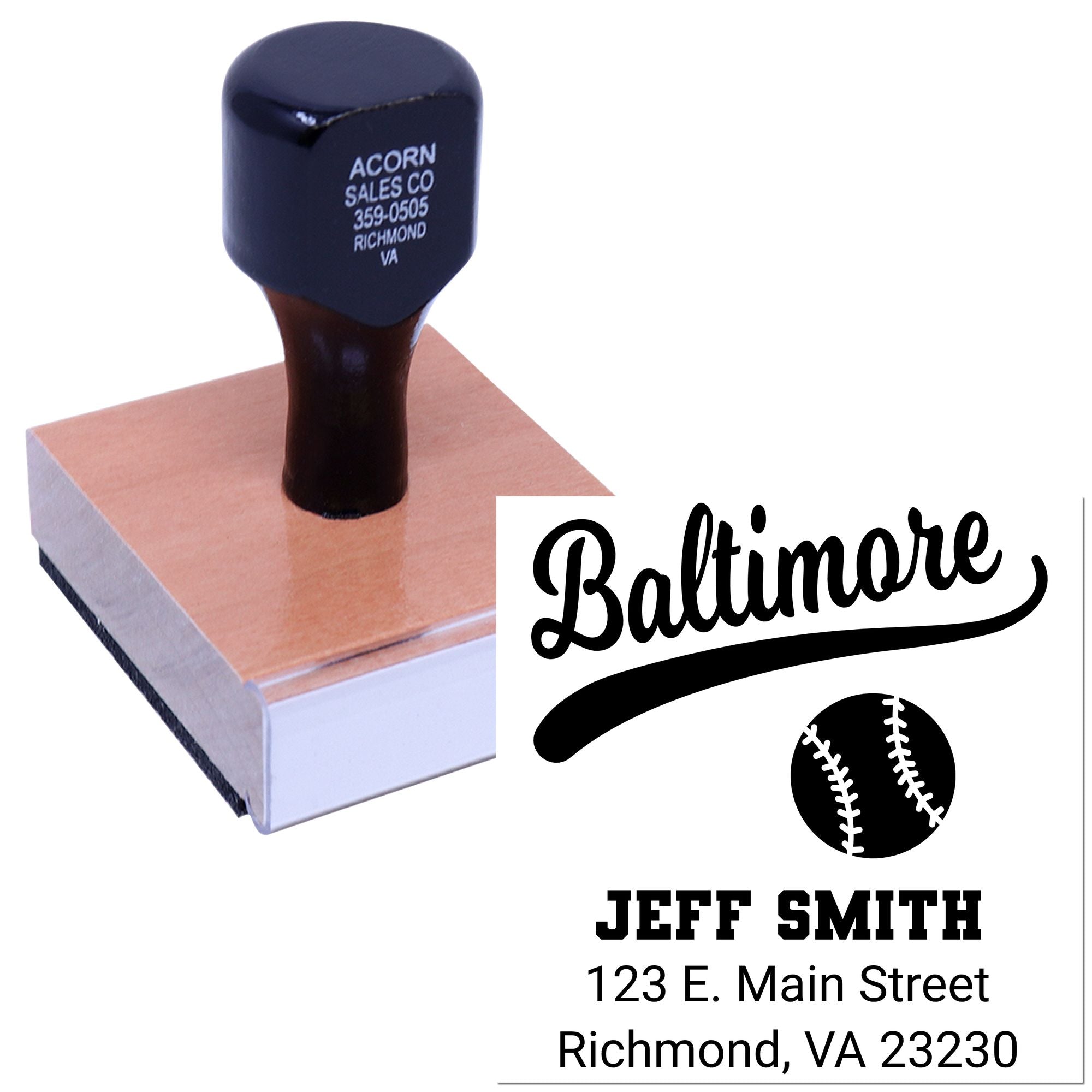 Custom baseball return address rubber stamp with Jeff Smith name and Richmond, VA address.