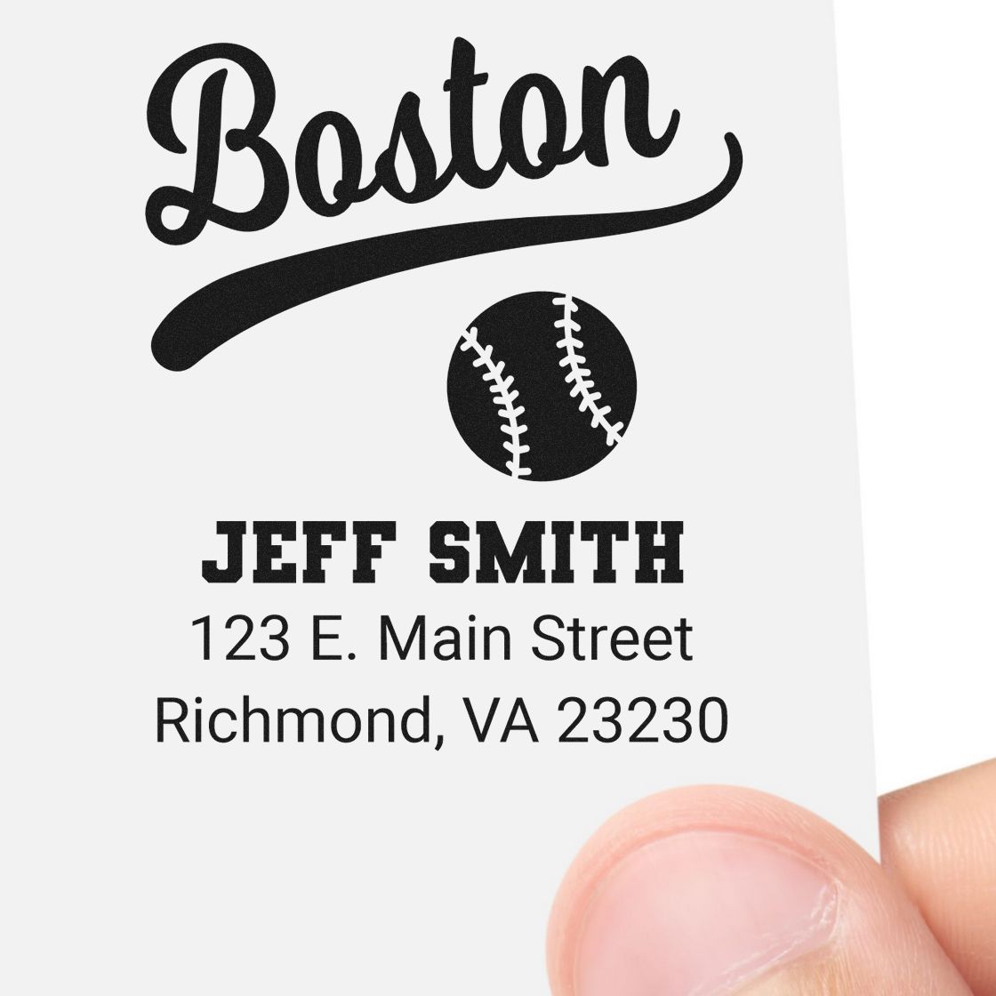 Custom personalized Boston baseball return address rubber stamp for Jeff Smith, Richmond, VA.