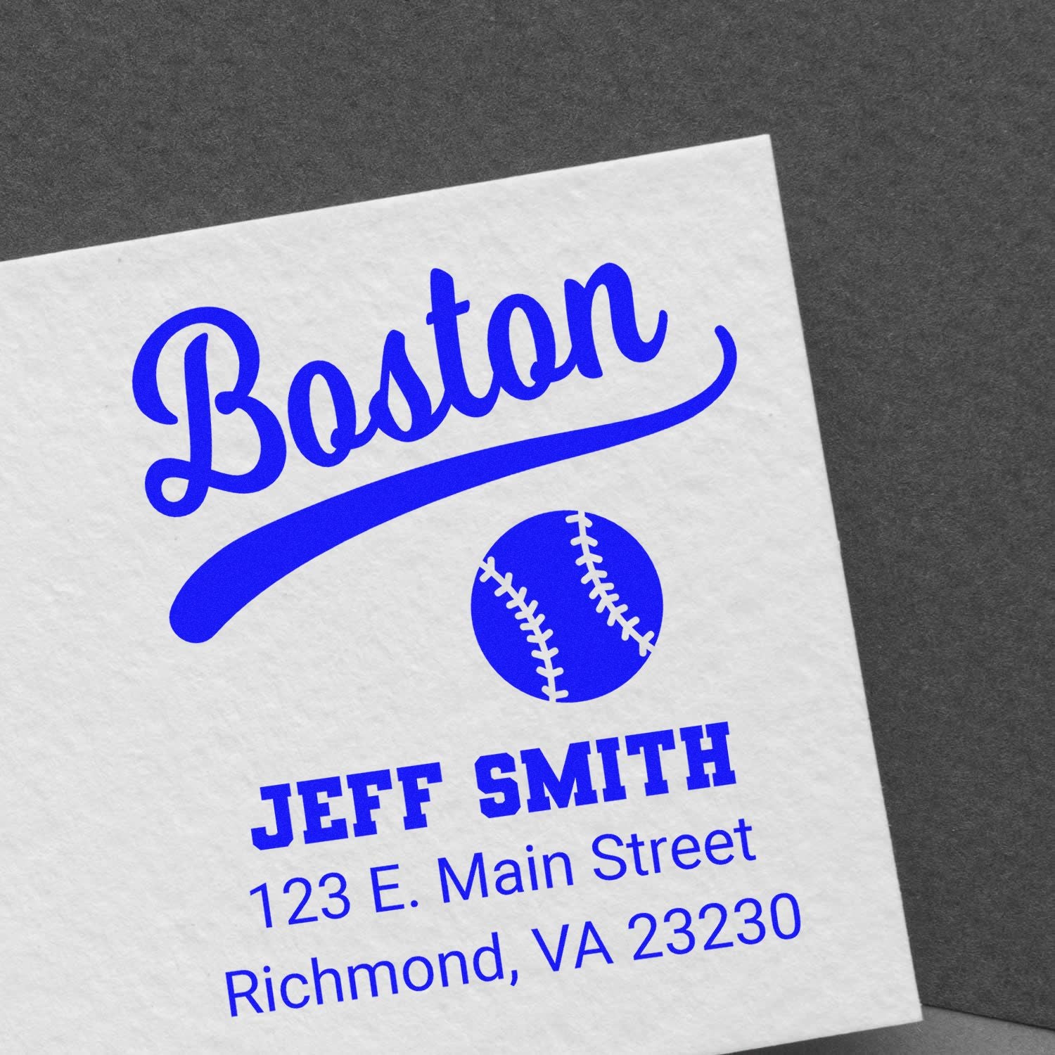 Custom baseball rubber stamp mockup with Boston script, Jeff Smith name, and Richmond, VA address.