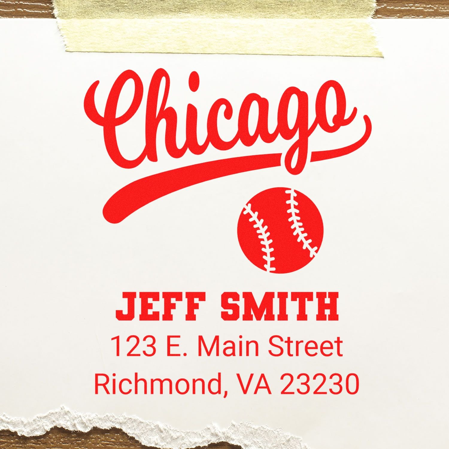 Custom Chicago baseball return address rubber stamp for Jeff Smith, 123 E. Main Street, Richmond, VA 23230