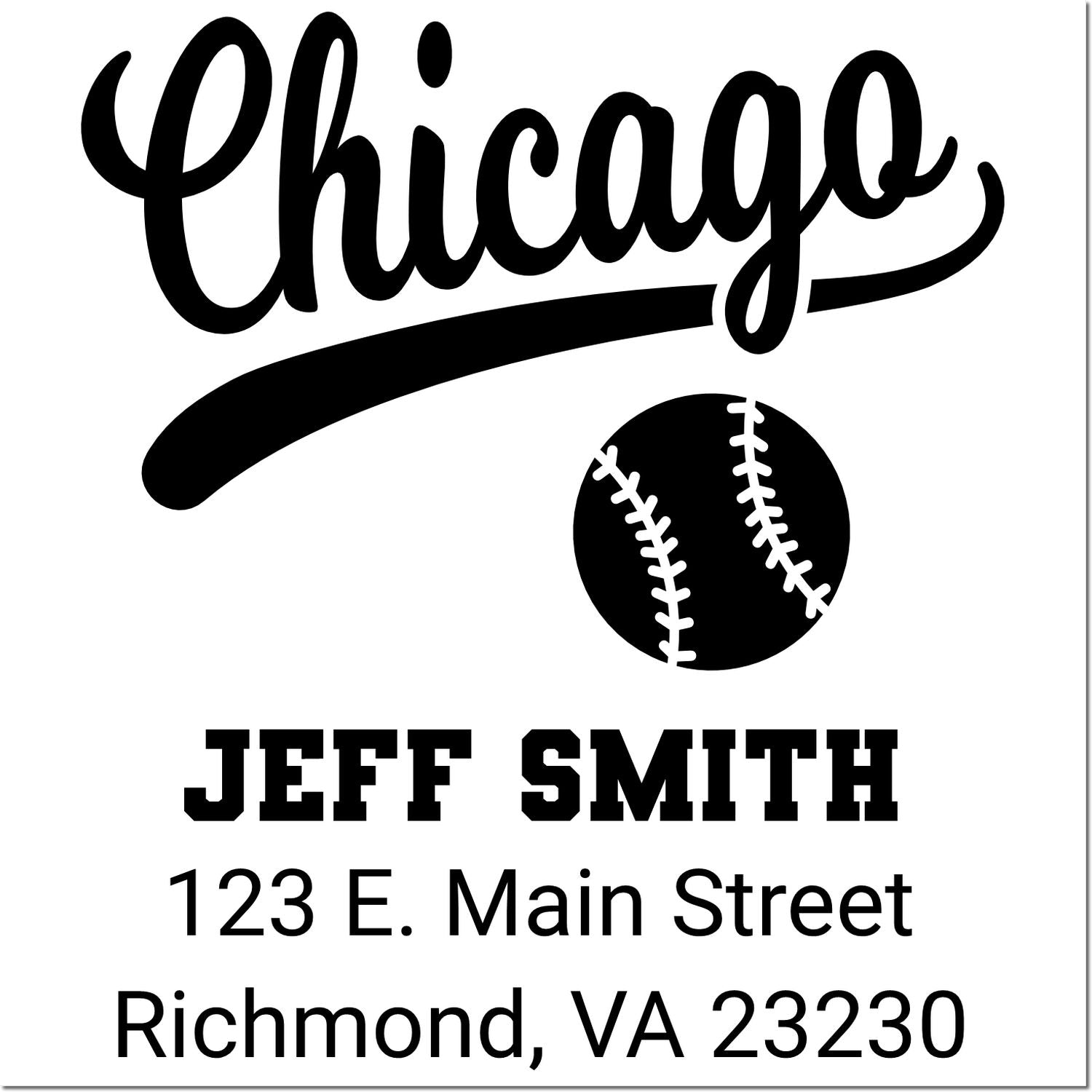 Custom baseball return address rubber stamp with Chicago script, Jeff Smith, 123 E. Main Street, Richmond, VA 23230