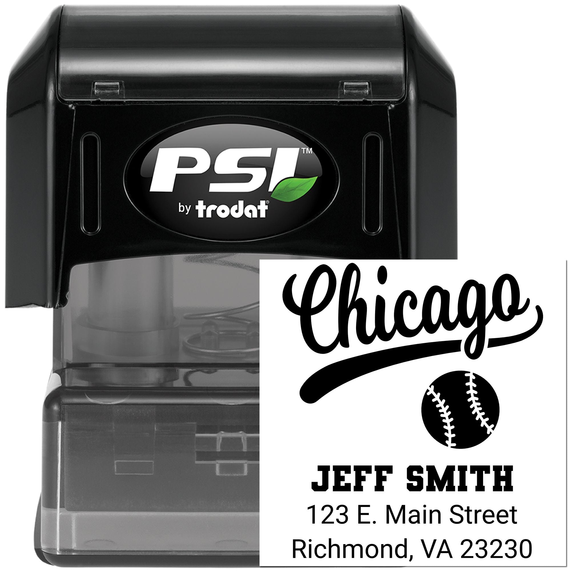 Custom Chicago baseball address rubber stamp by PSI Trodat, self-inking personalized stamp for mail and business use.