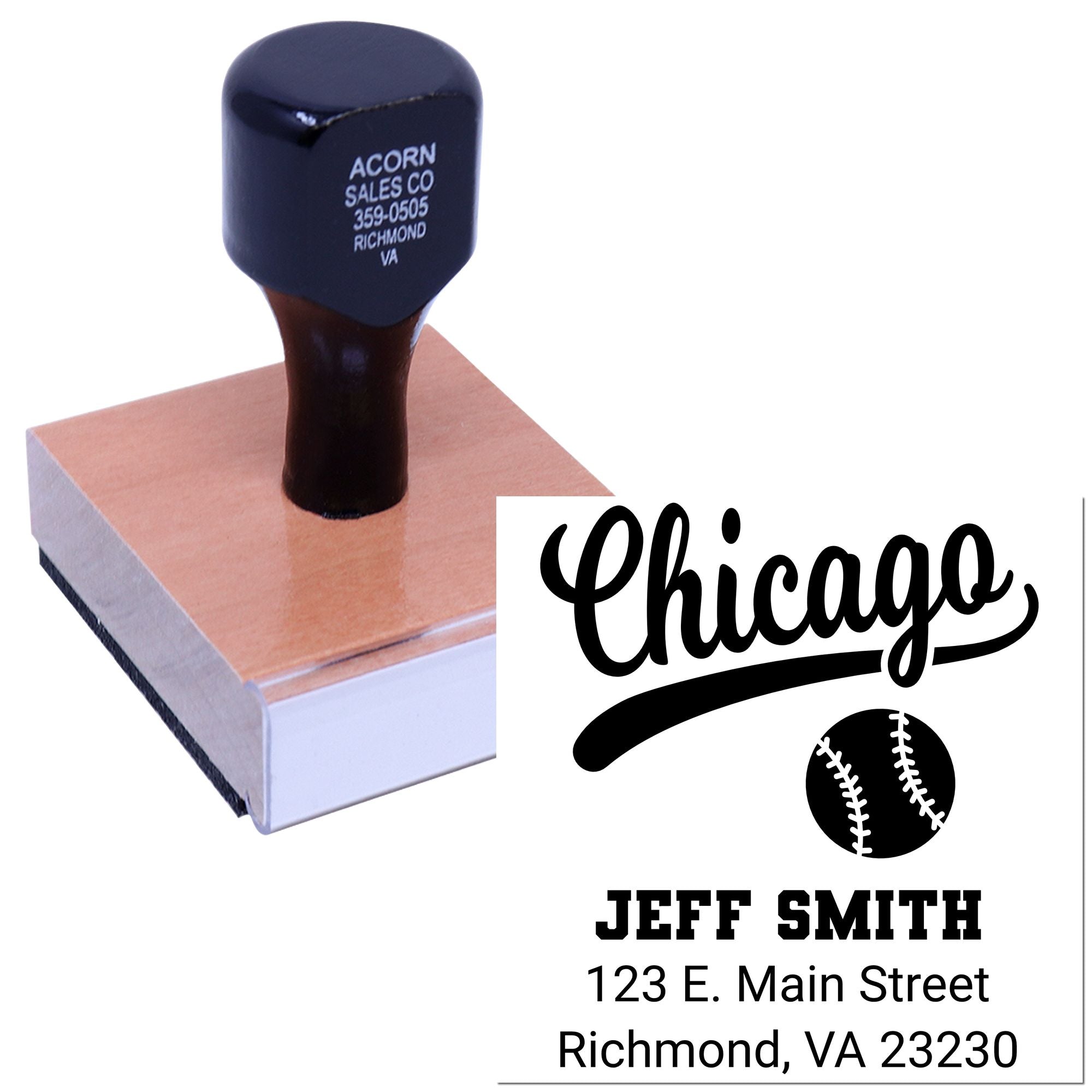 Custom rubber address stamp with Chicago baseball design for Jeff Smith, Richmond, VA
