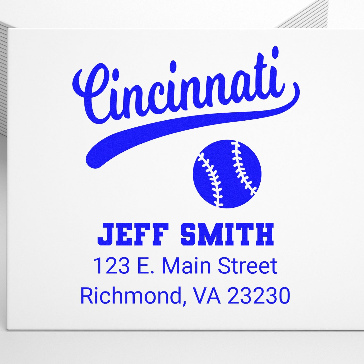Custom Cincinnati baseball return address rubber stamp with Jeff Smith, 123 E. Main Street, Richmond, VA 23230.