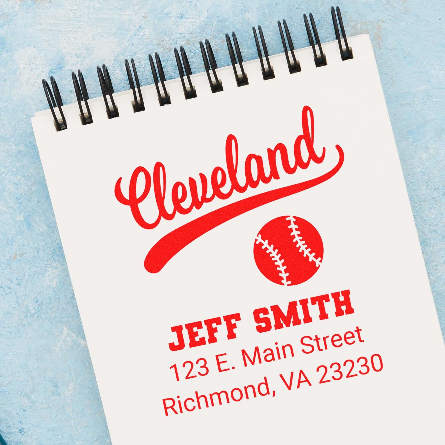 Custom Cleveland baseball return address rubber stamp for Jeff Smith, 123 E. Main Street, Richmond, VA 23230