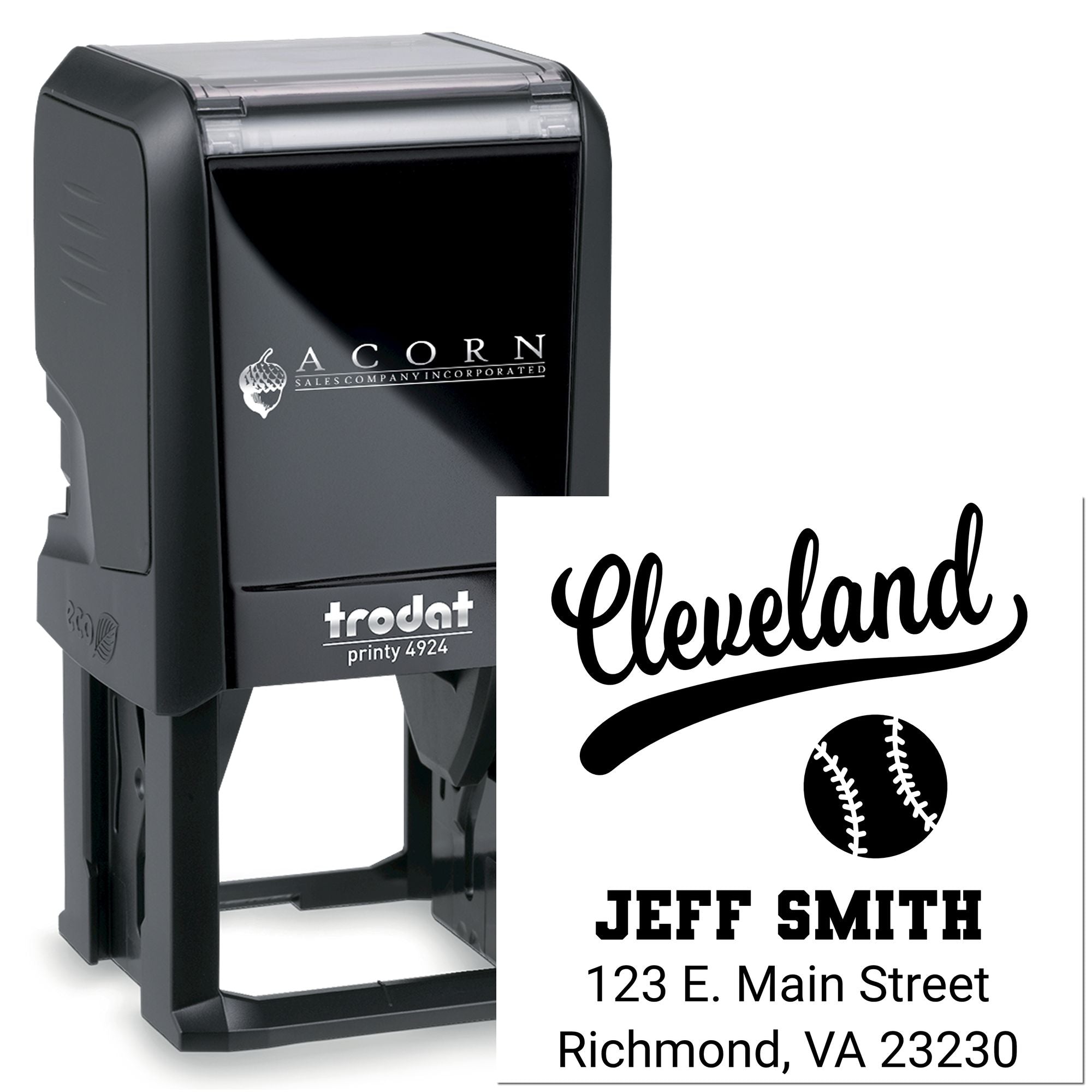 Custom self-inking rubber stamp with baseball logo and return address, personalized Trodat Printy 4924 for Cleveland, Jeff Smith