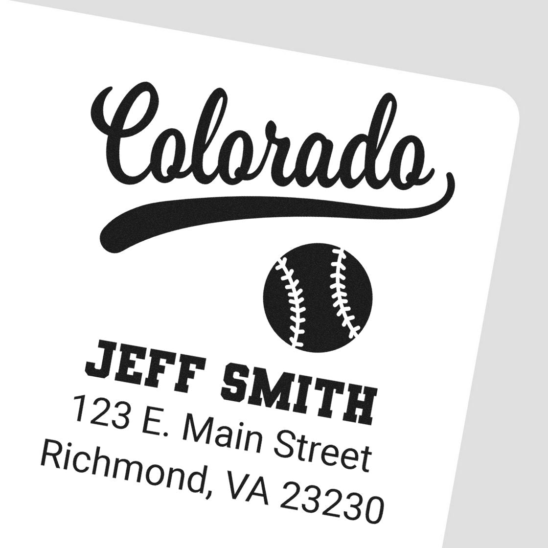 Custom Colorado baseball return address rubber stamp for Jeff Smith, 123 E. Main Street, Richmond, VA 23230.