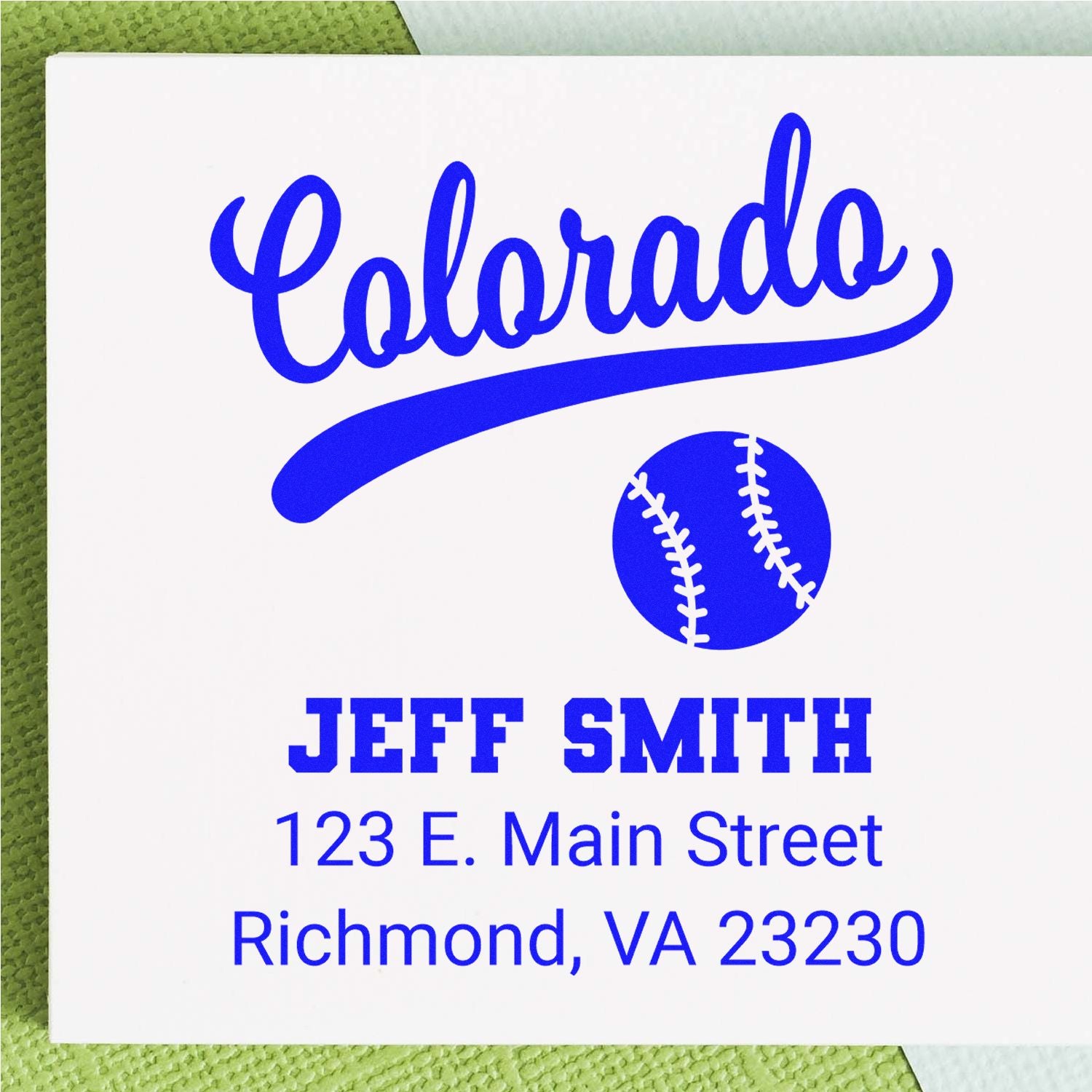 Custom Colorado baseball return address rubber stamp for Jeff Smith with name and mailing address.