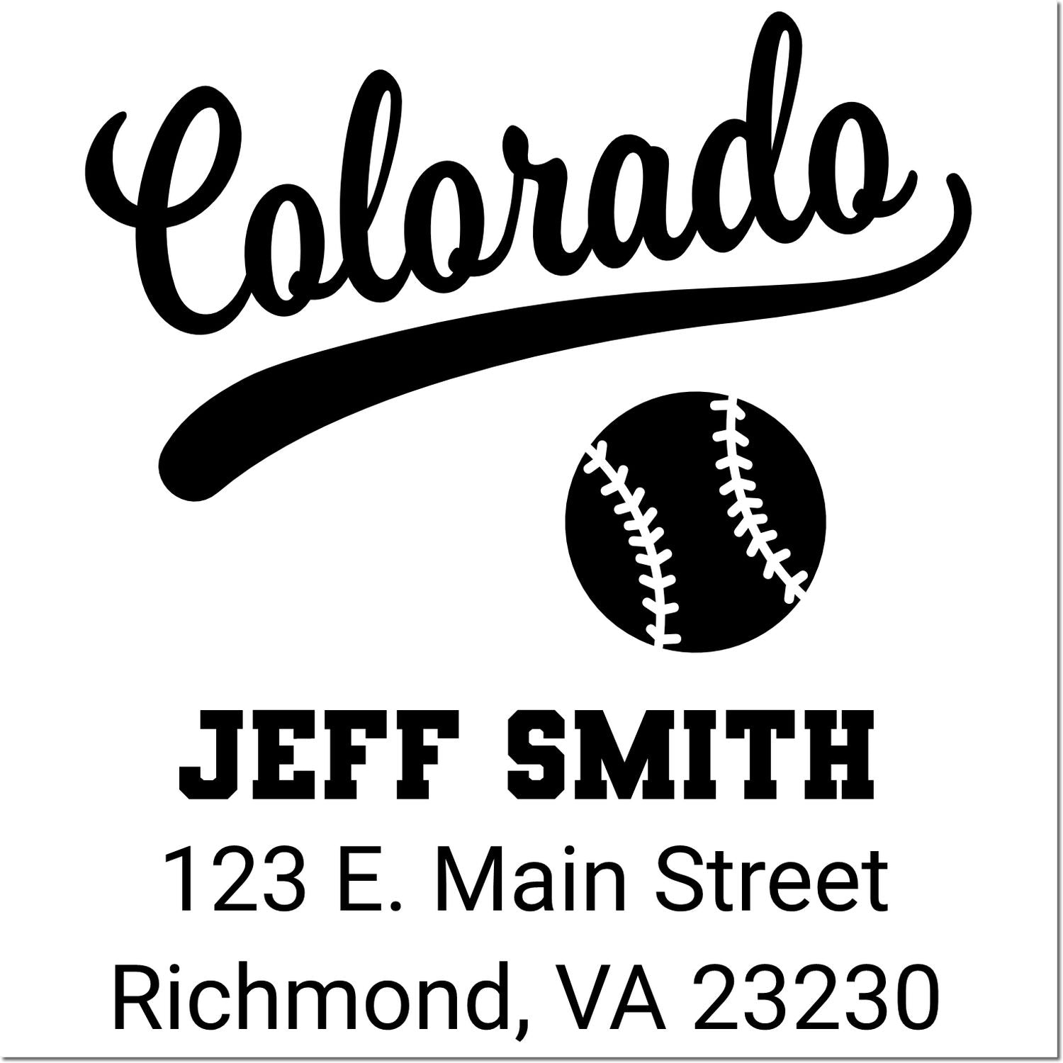 Custom Colorado baseball return address rubber stamp with Jeff Smith, 123 E. Main Street, Richmond, VA 23230
