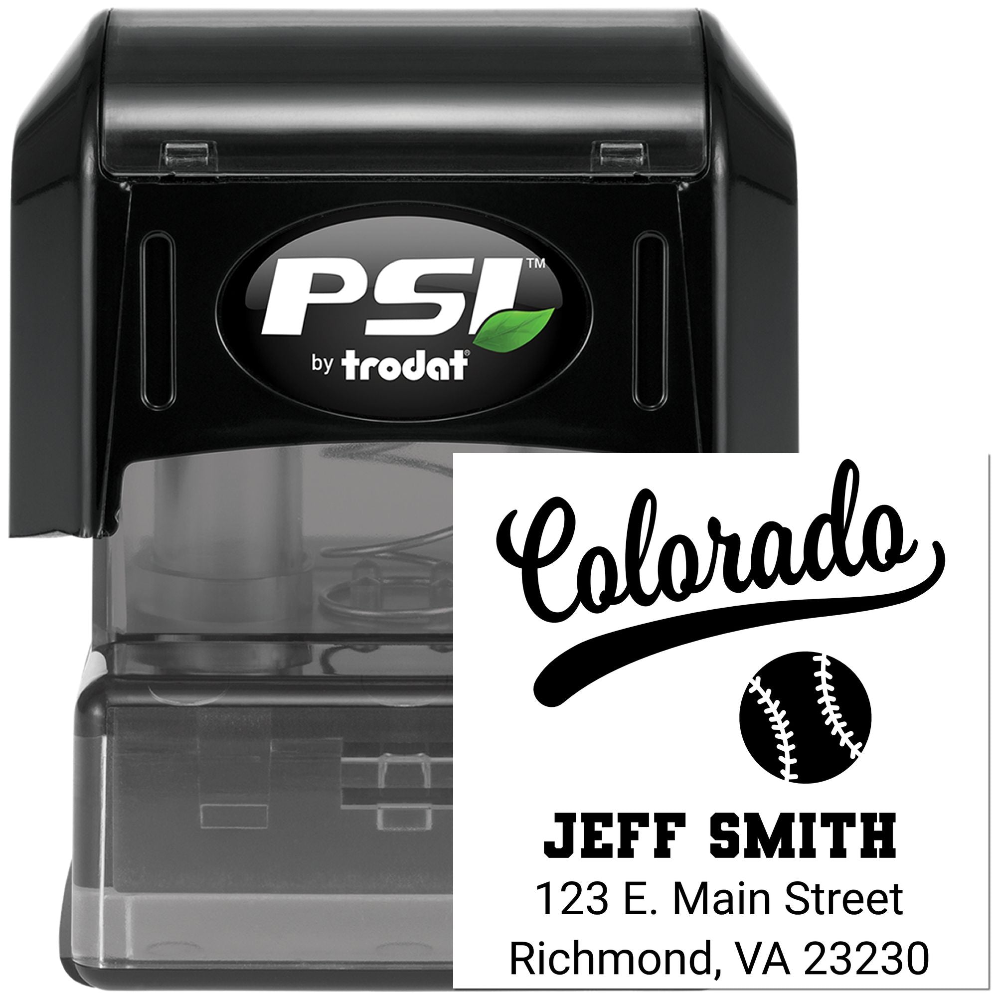 Custom self-inking rubber address stamp with baseball design for Jeff Smith, Colorado return mail.
