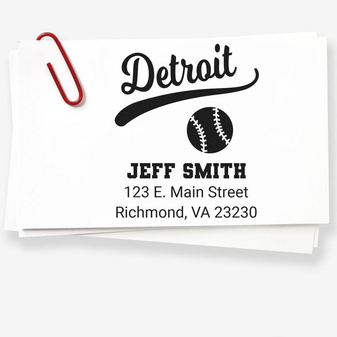 Custom Detroit baseball return address rubber stamp for Jeff Smith, 123 E. Main Street, Richmond, VA 23230.