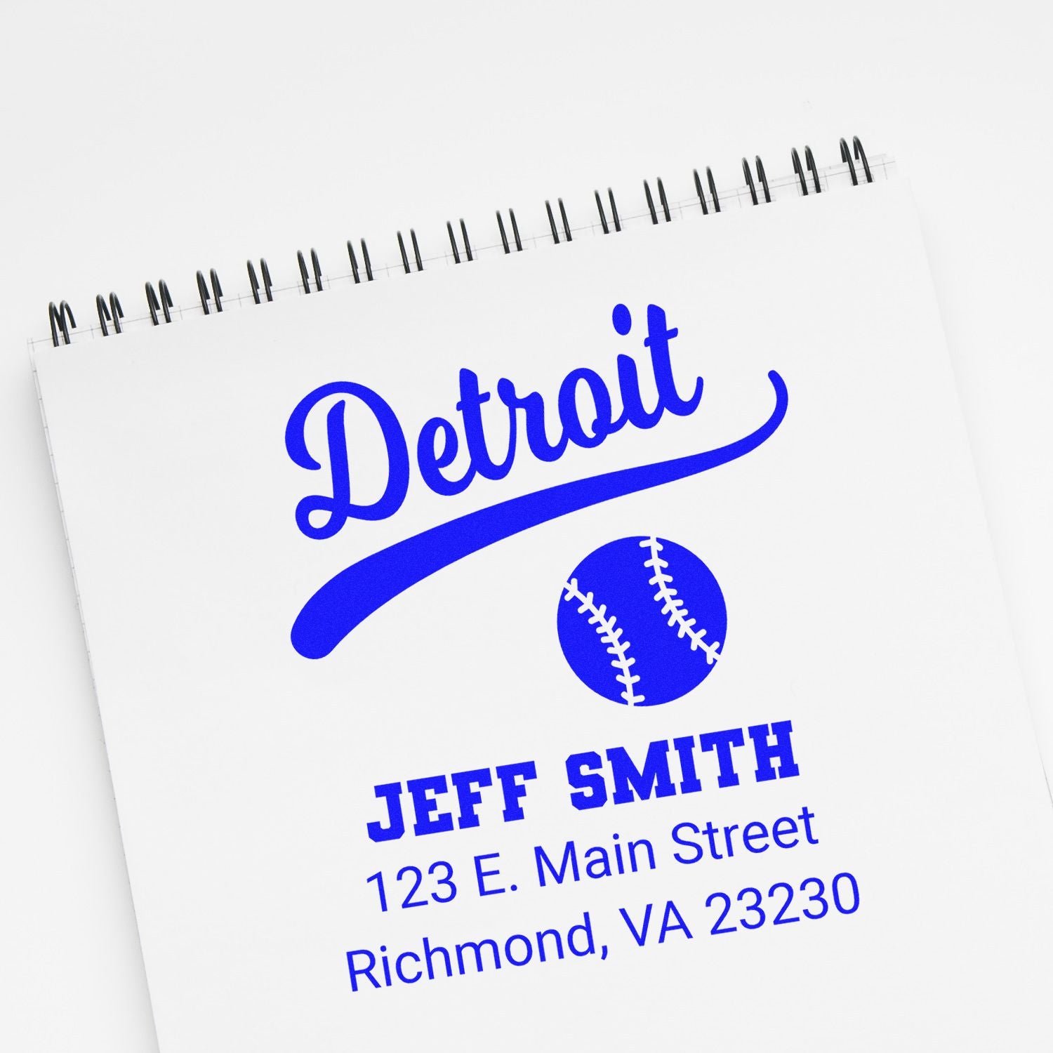 Custom Detroit baseball address stamp design with name and address, ideal for personalized rubber stamps.