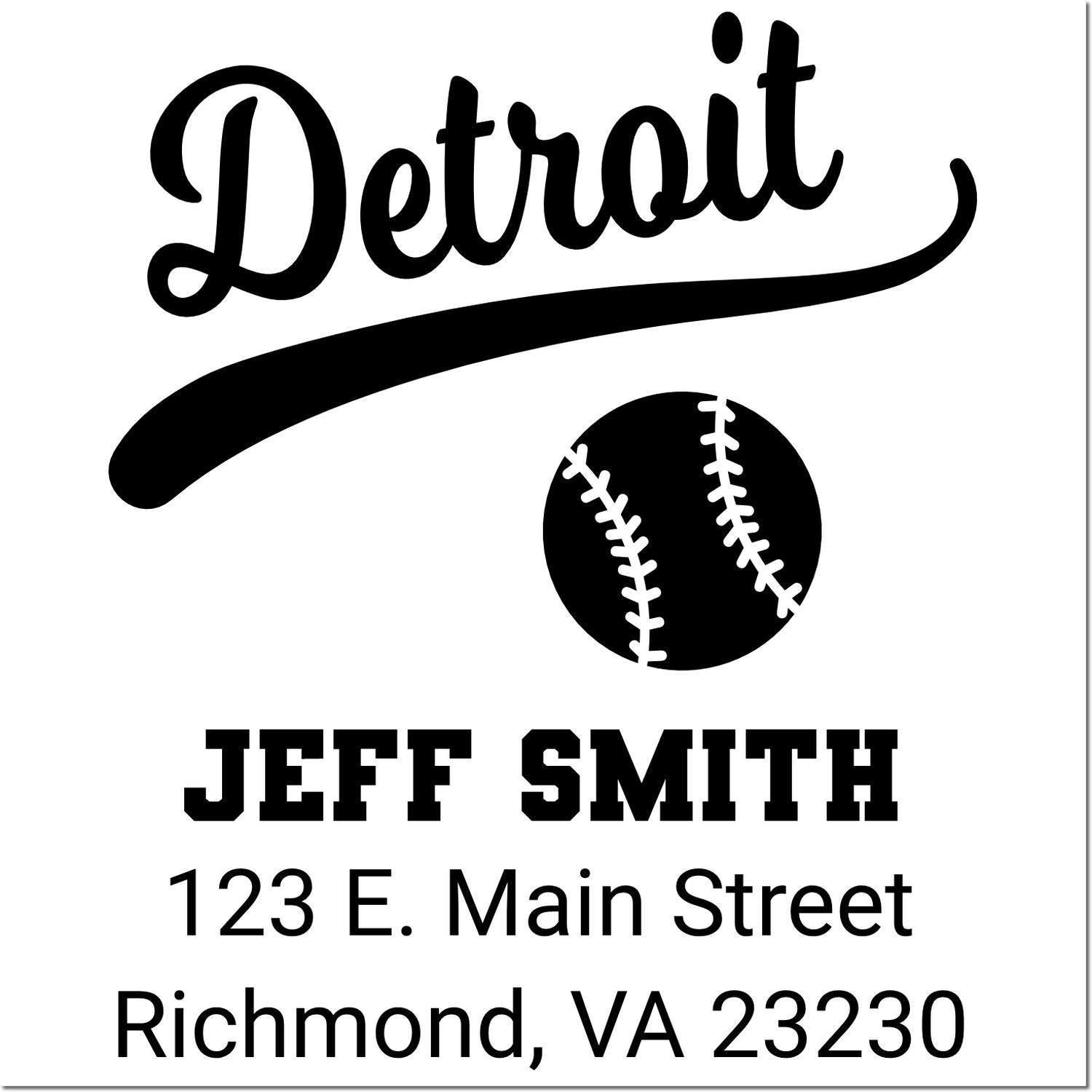 Personalized Detroit baseball return address rubber stamp with Jeff Smith name and Richmond, VA 23230 address.