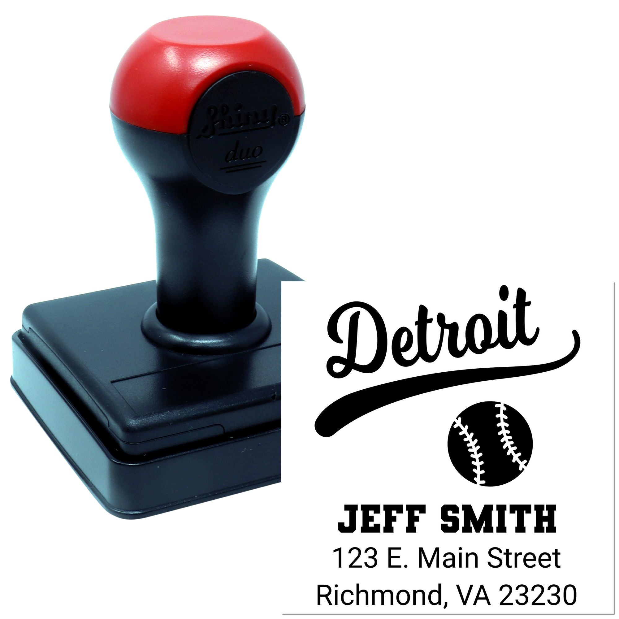 Custom self-inking rubber stamp with Detroit baseball design, personalized name and address for return mail.