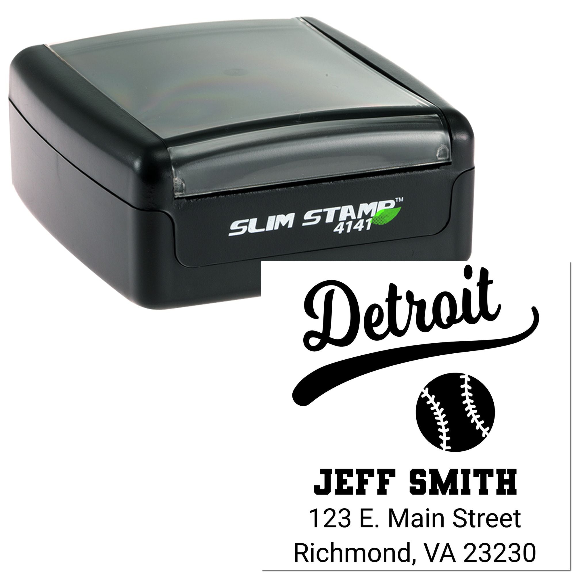 Custom baseball return address rubber stamp with Slim Stamp self-inking case, Detroit script, Jeff Smith name and address.