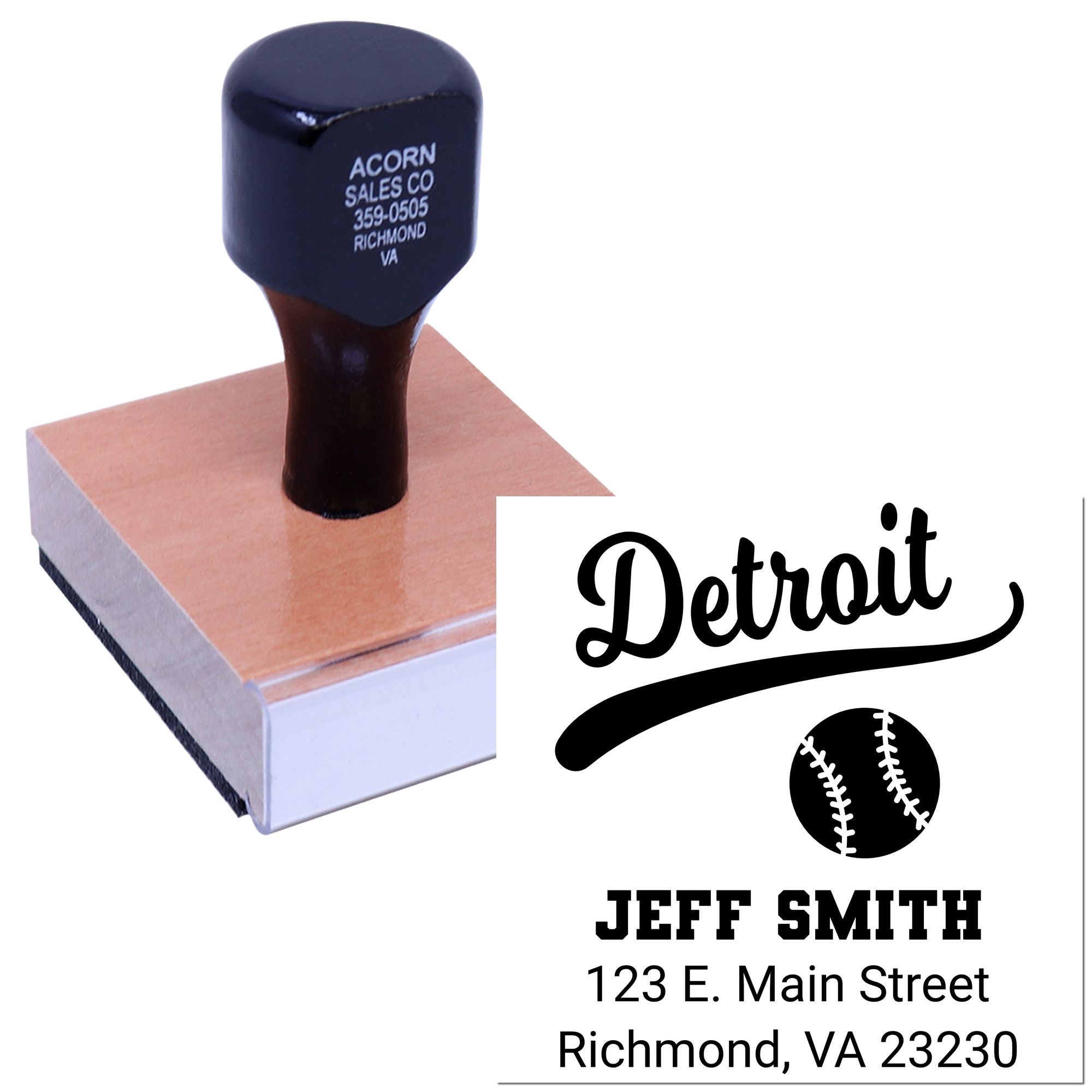 Custom Detroit baseball return address rubber stamp with Jeff Smith name and Richmond, VA address.