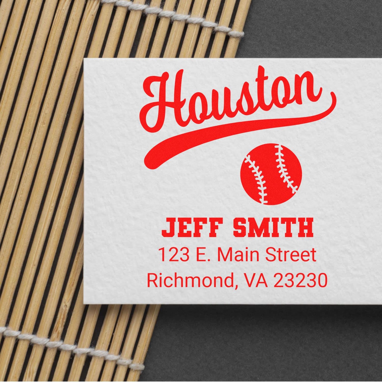 Custom Houston baseball return address rubber stamp with name, street address, and ZIP code.