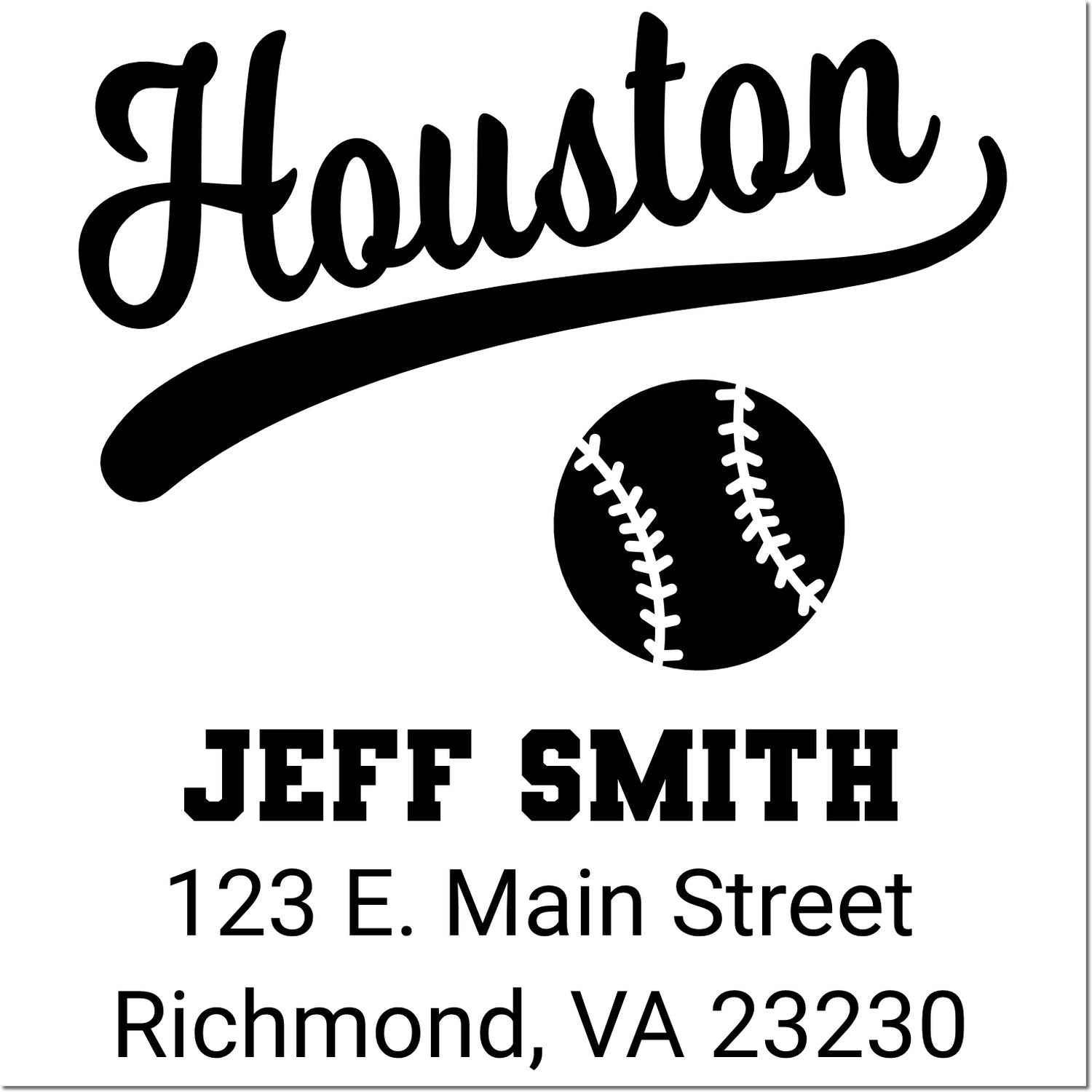 Custom baseball address rubber stamp for Jeff Smith, Houston design, 123 E. Main Street, Richmond, VA 23230.