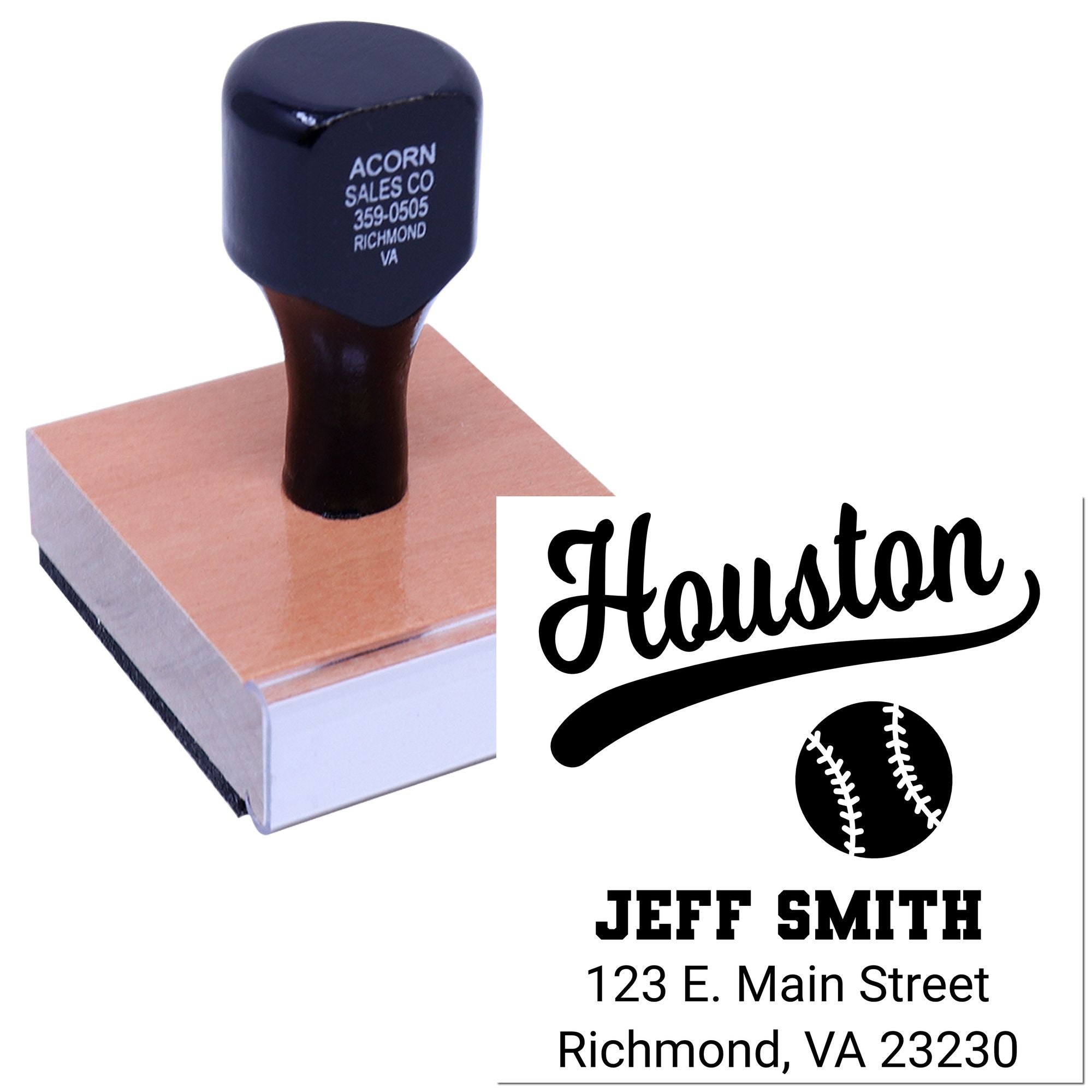 Custom rubber stamp for baseball address labels featuring Houston, Jeff Smith, and return address.
