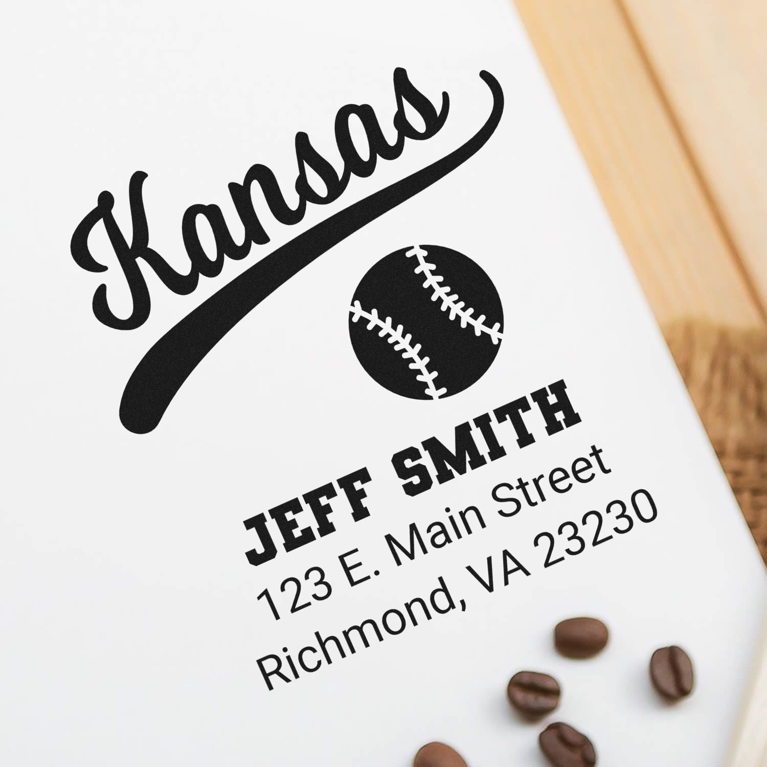 Personalized baseball return address rubber stamp with custom name and address, ideal for sports-themed mail and stationery.