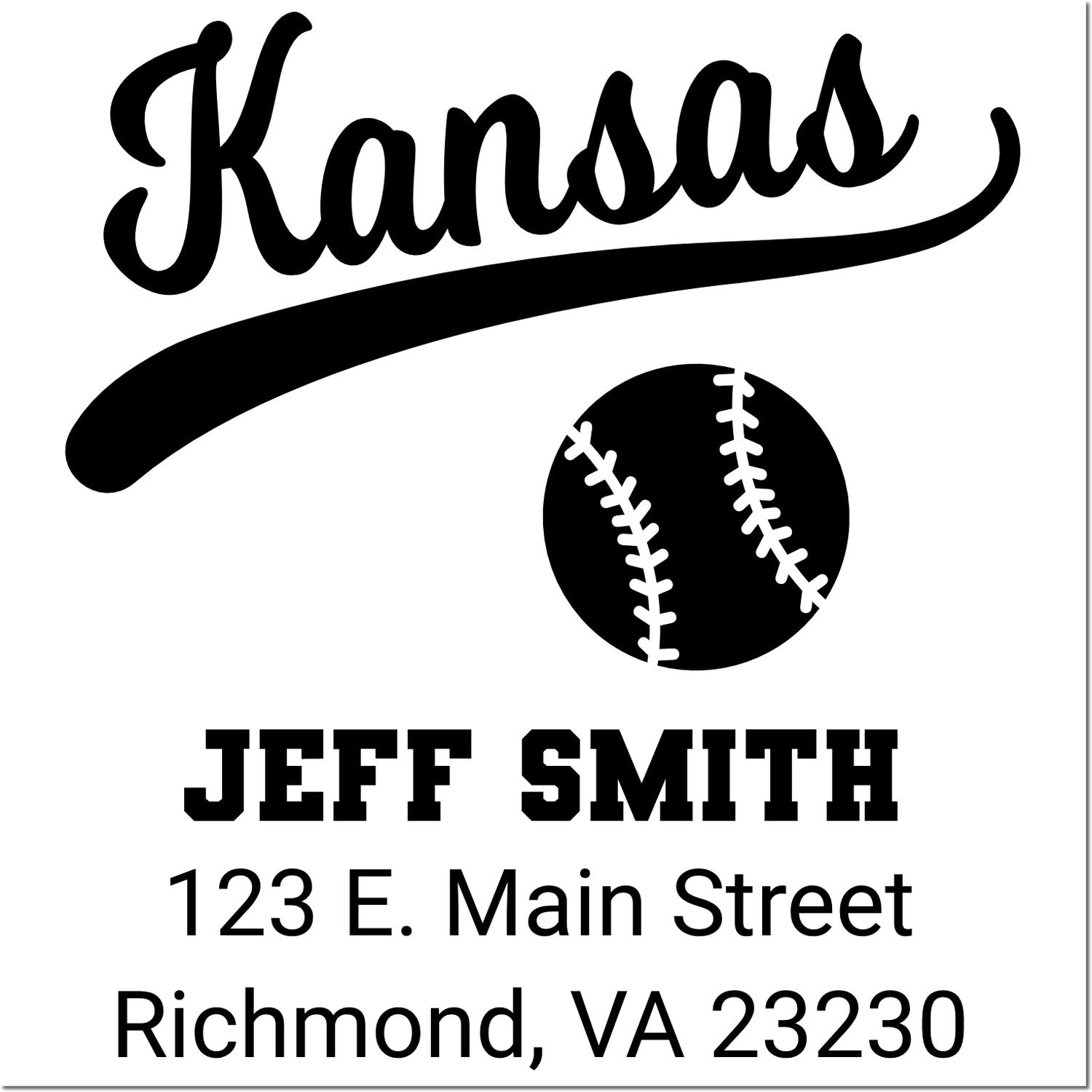 Custom Kansas baseball return address rubber stamp for Jeff Smith, 123 E. Main Street, Richmond, VA 23230