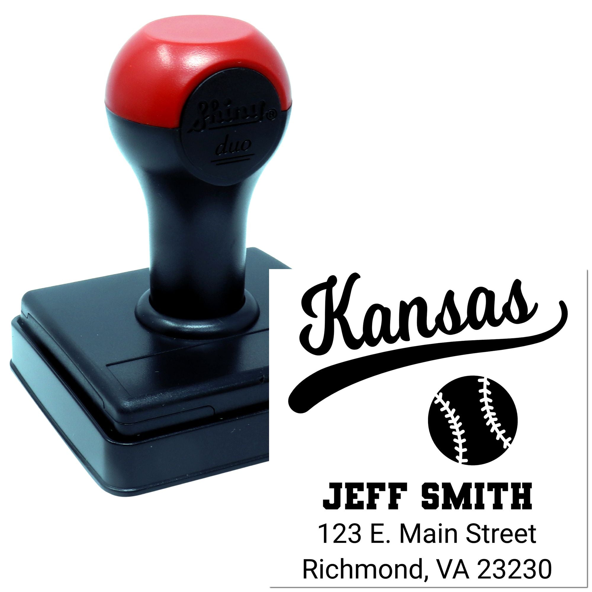 Custom self-inking rubber stamp with Kansas baseball return address, name, and address for personalized mailing.