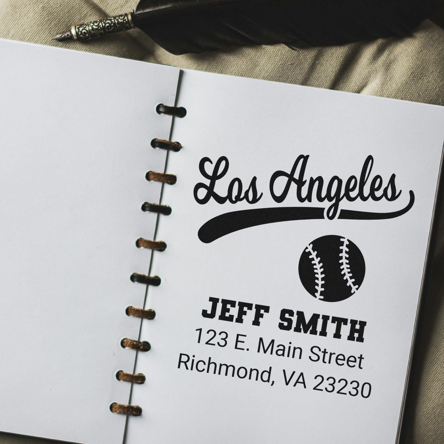 Custom baseball address rubber stamp on notebook paper with Los Angeles design, name, and return address.