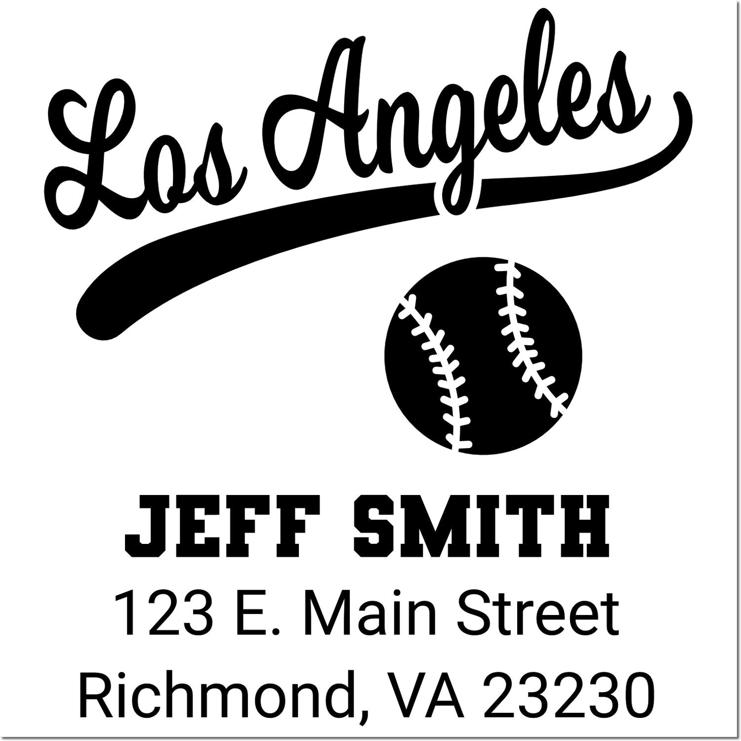 Custom baseball return address rubber stamp for Jeff Smith, with Los Angeles script and Richmond, VA 23230.
