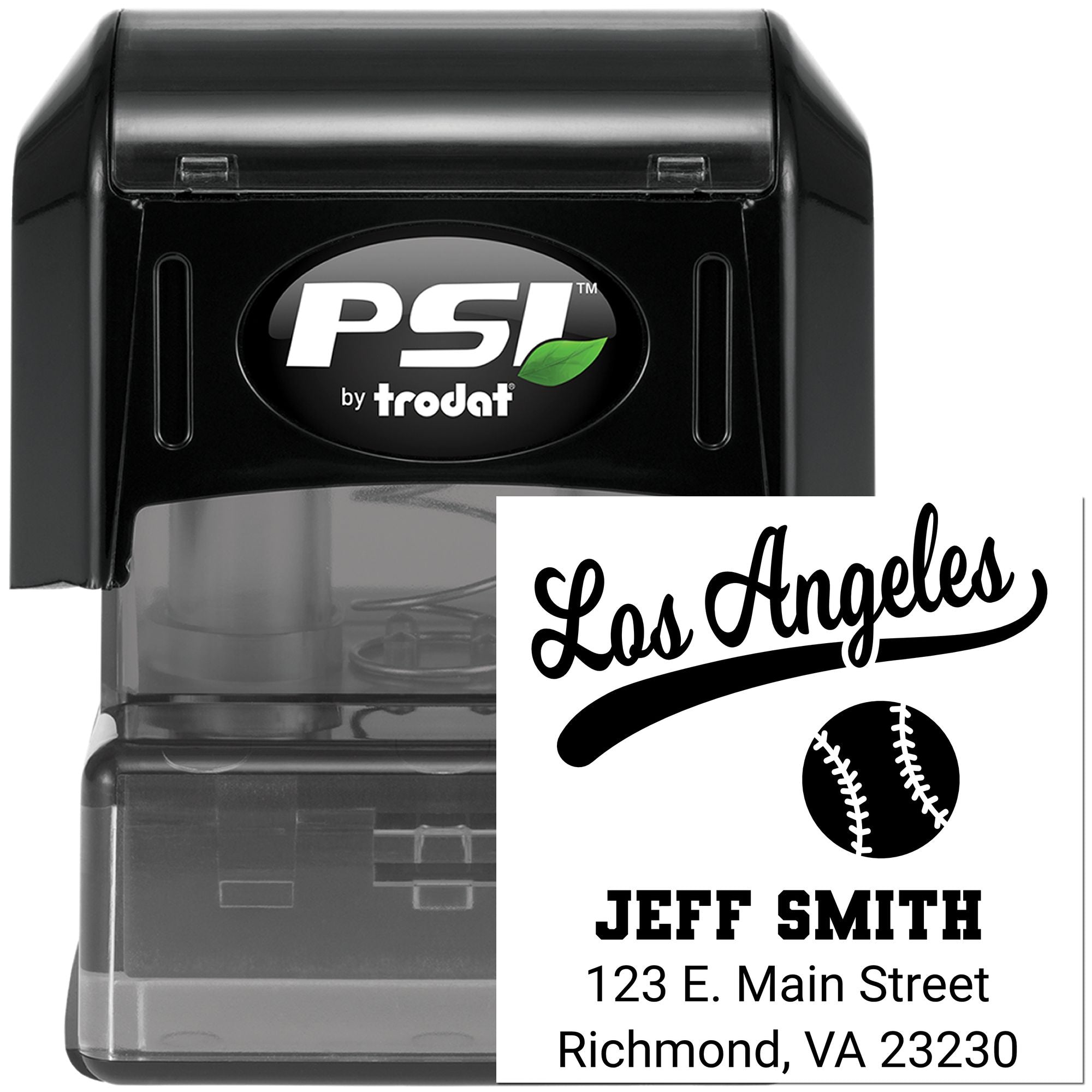 PSI by Trodat custom self-inking rubber stamp for baseball fans, featuring Los Angeles script, Jeff Smith name, and return address.