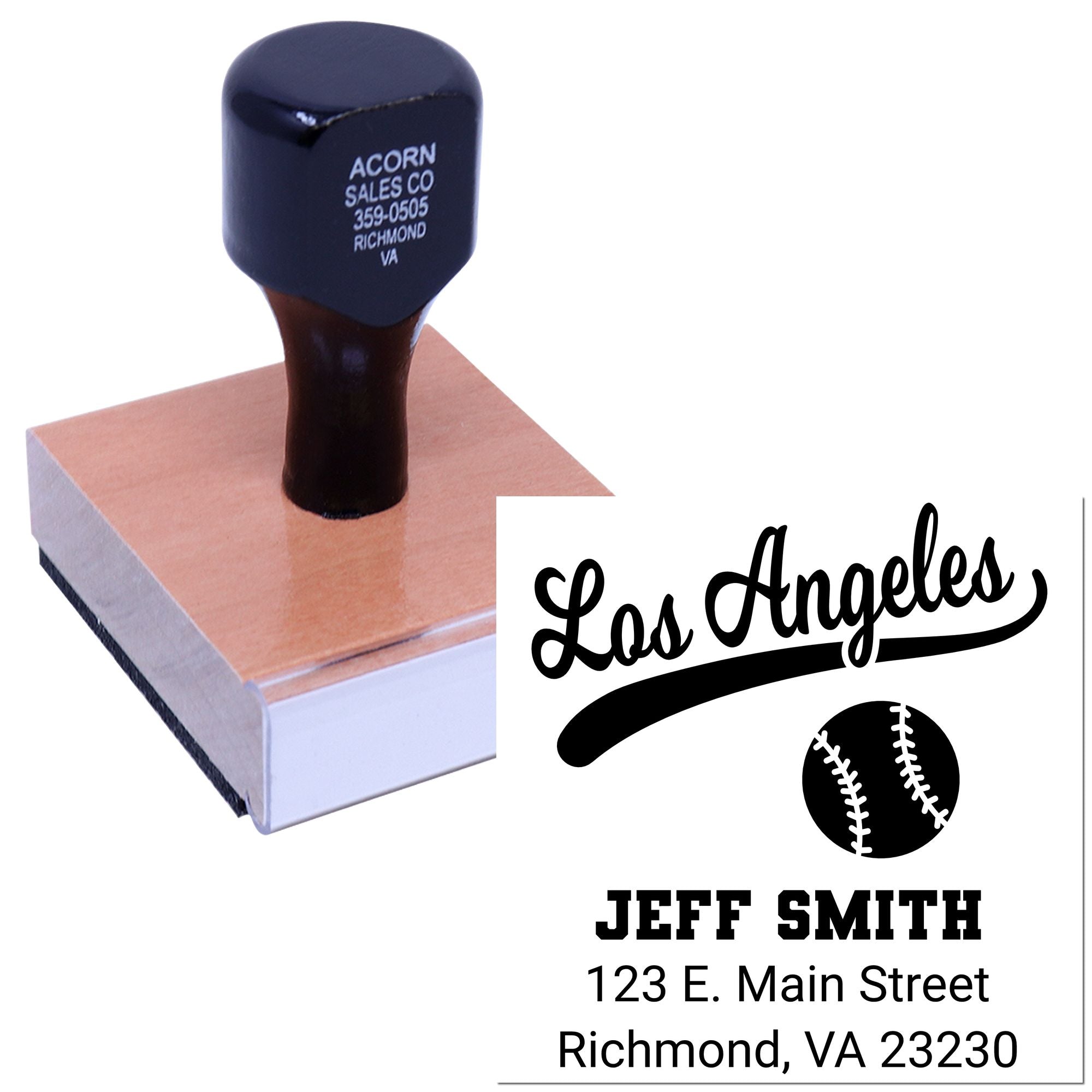 Custom baseball address rubber stamp for Jeff Smith, Richmond VA, with Los Angeles script and baseball icon design